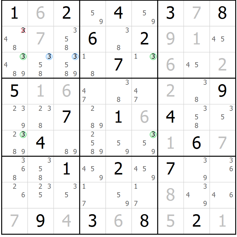 Position des candidats pour la solution de la Gr 19 page 22 du magazine de sudoku Suprême n° 024