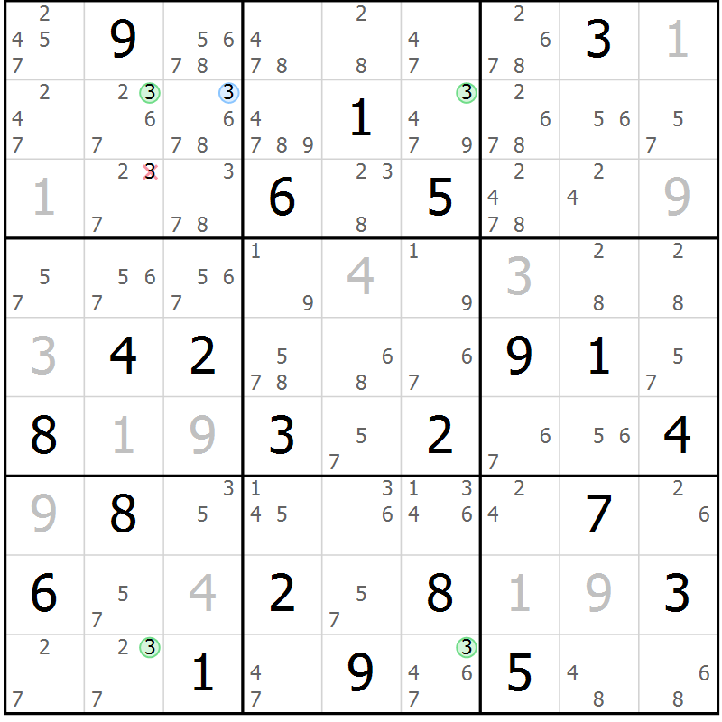 Position des candidats pour la solution de la Gr 2 page 5 du magazine de sudoku Suprême n° 024