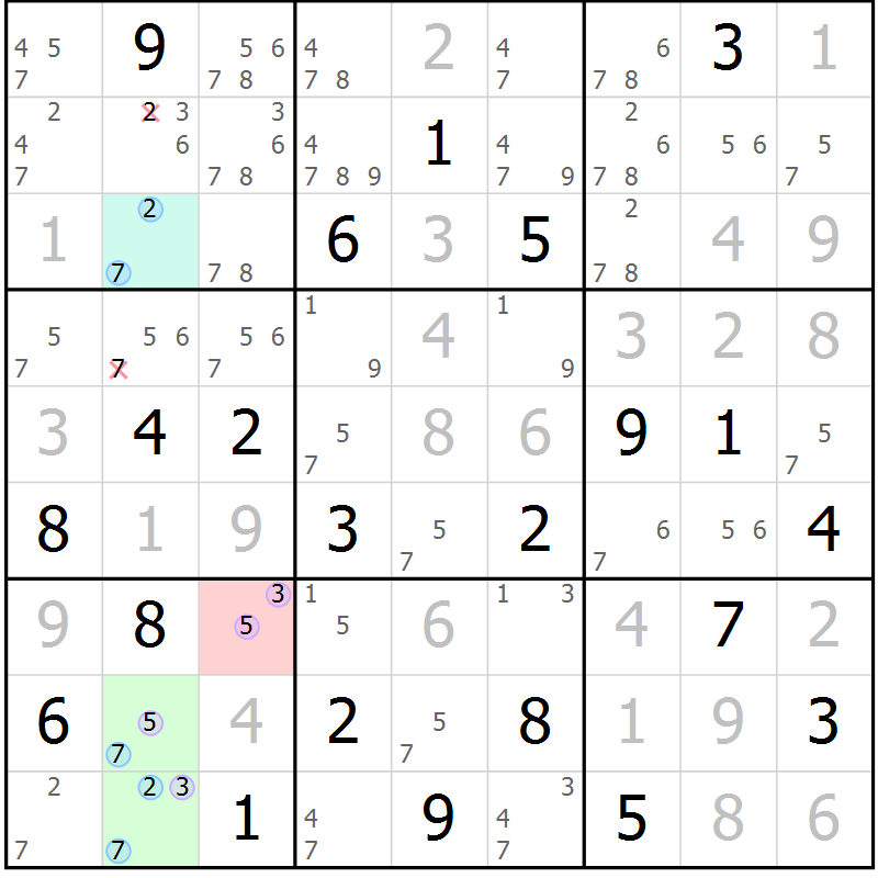 Position des candidats pour la solution de la Gr 2 page 5 du magazine de sudoku Suprême n° 024