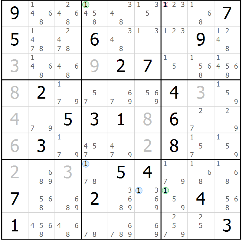Position des candidats pour la solution de la Gr 20 page 23 du magazine de sudoku Suprême n° 024