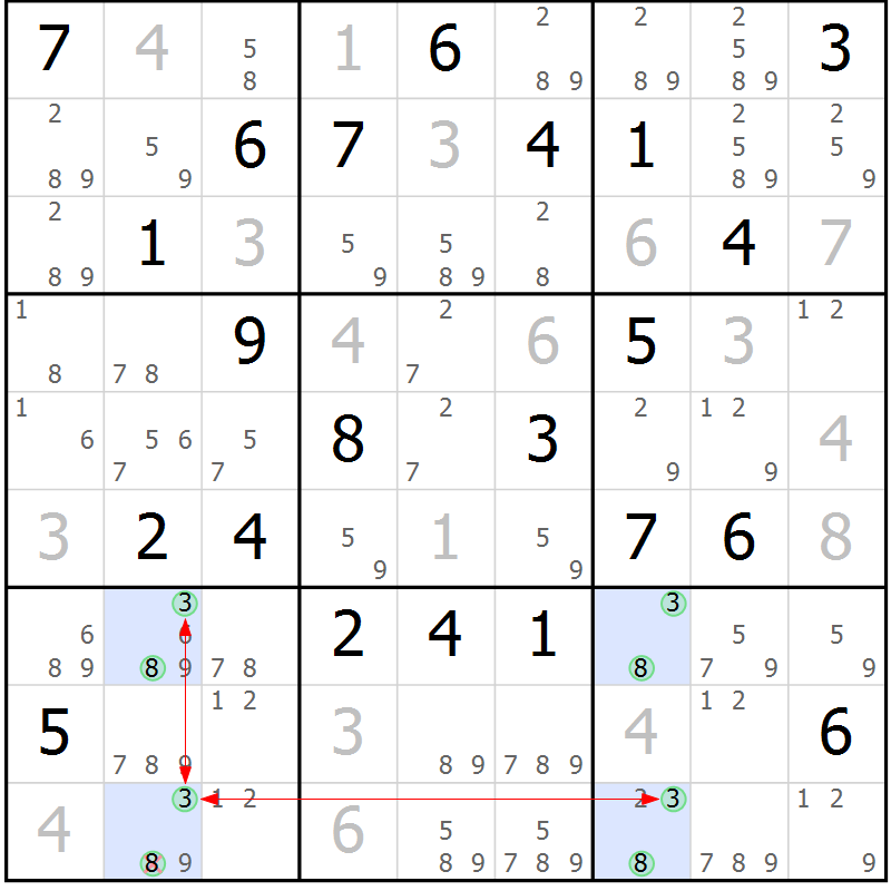 Position des candidats pour la solution de la Gr 23 page 26 du magazine de sudoku Suprême n° 024