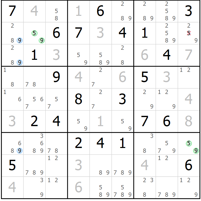 Position des candidats pour la solution de la Gr 23 page 26 du magazine de sudoku Suprême n° 024