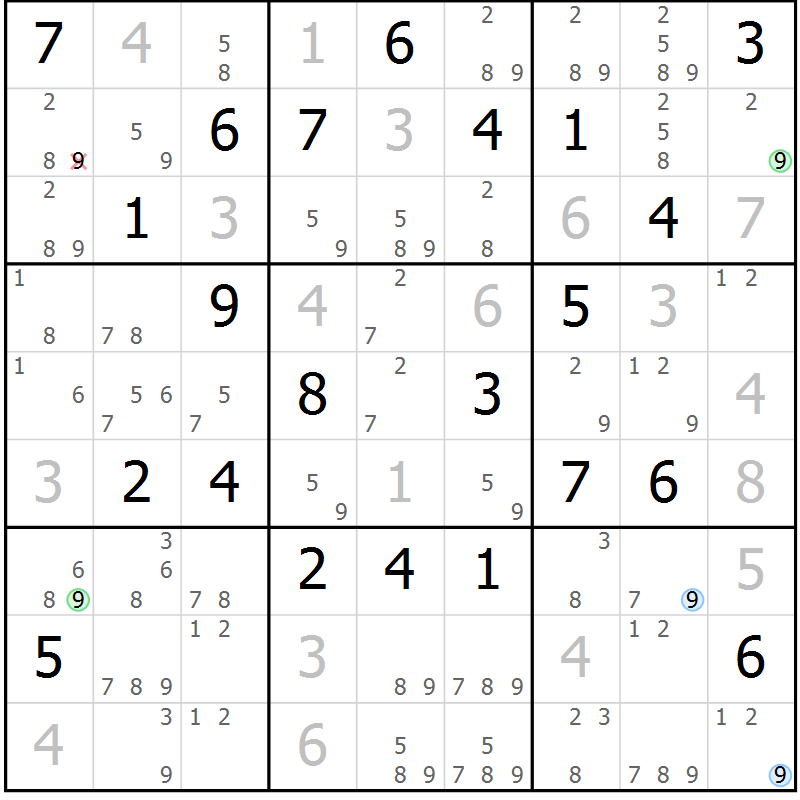 Position des candidats pour la solution de la Gr 23 page 26 du magazine de sudoku Suprême n° 024