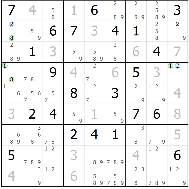 Position des candidats pour la solution de la Gr 23 page 26 du magazine de sudoku Suprême n° 024