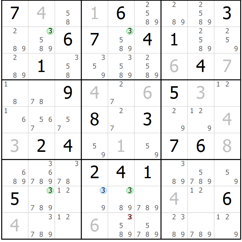 Position des candidats pour la solution de la Gr 23 page 26 du magazine de sudoku Suprême n° 024