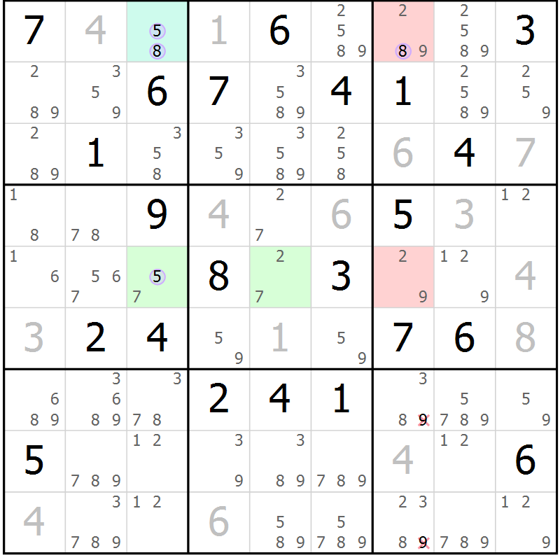 Position des candidats pour la solution de la Gr 23 page 26 du magazine de sudoku Suprême n° 024