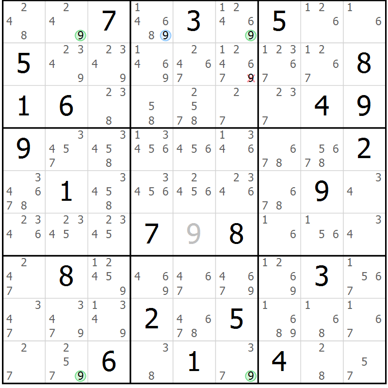 Position des candidats pour la solution de la Gr 25 page 28 du magazine de sudoku Suprême n° 024