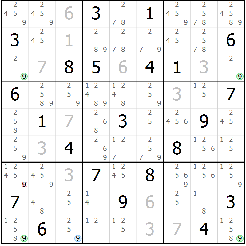 Position des candidats pour la solution de la Gr 3 page 6 du magazine de sudoku Suprême n° 024