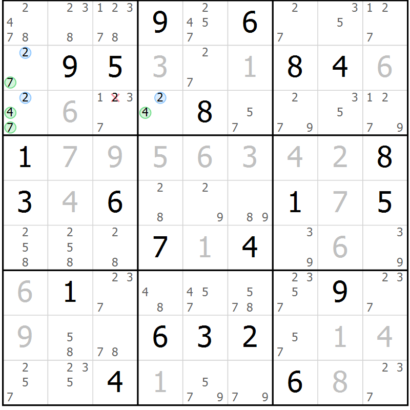 Position des candidats pour la solution de la Gr 30 page 33 du magazine de sudoku Suprême n° 024