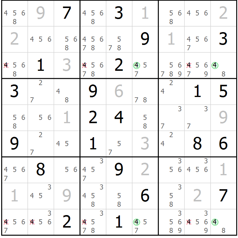 Position des candidats pour la solution de la Gr 31 page 34 du magazine de sudoku Suprême n° 024