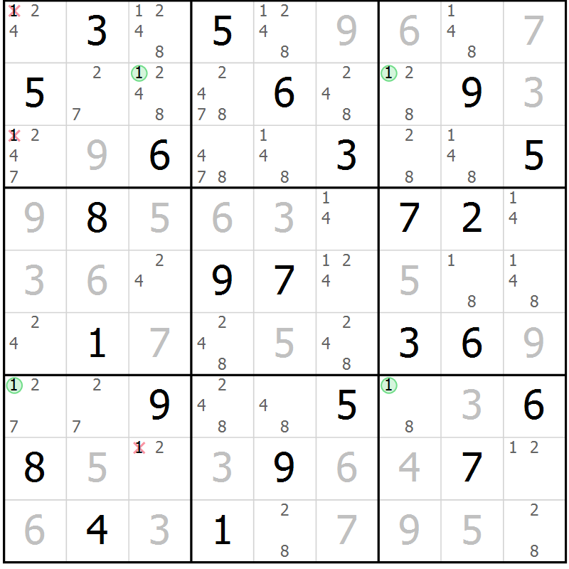 Position des candidats pour la solution de la Gr 33 page 36 du magazine de sudoku Suprême n° 024