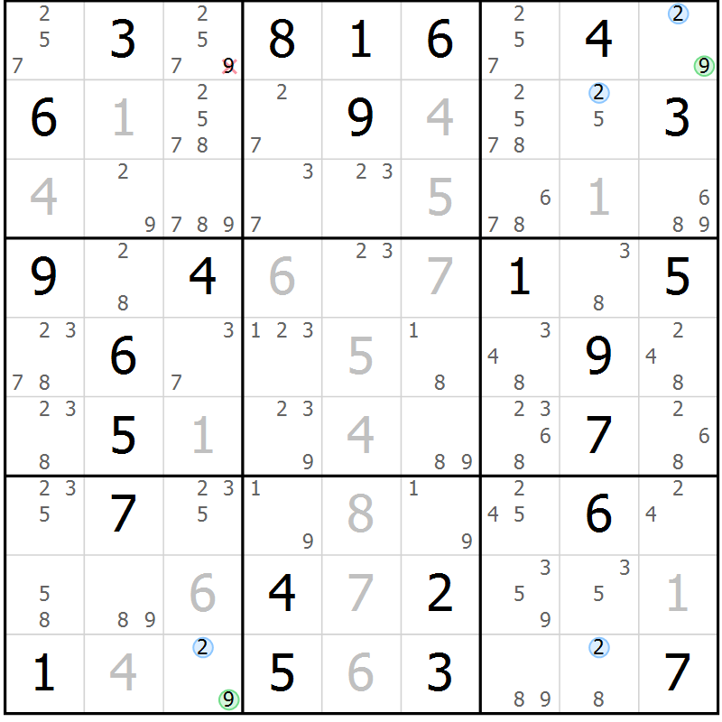 Position des candidats pour la solution de la Gr 36 page 39 du magazine de sudoku Suprême n° 024