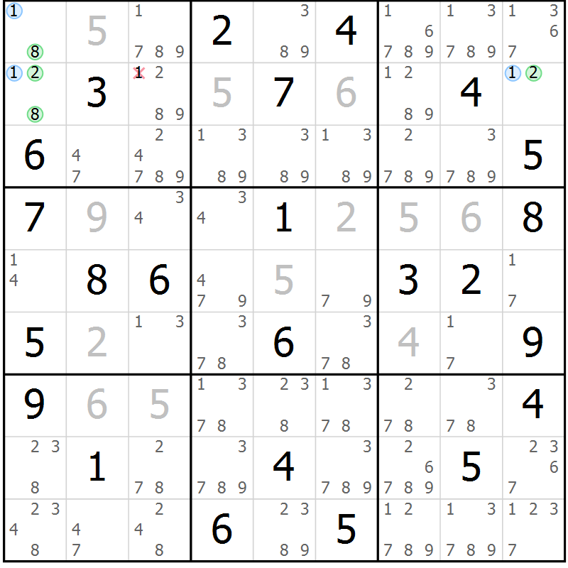 Position des candidats pour la solution de la Gr 40 page 43 du magazine de sudoku Suprême n° 024