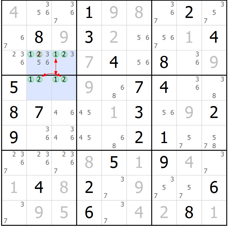Position des candidats pour la solution de la Gr 43 page 46 du magazine de sudoku Suprême n° 024