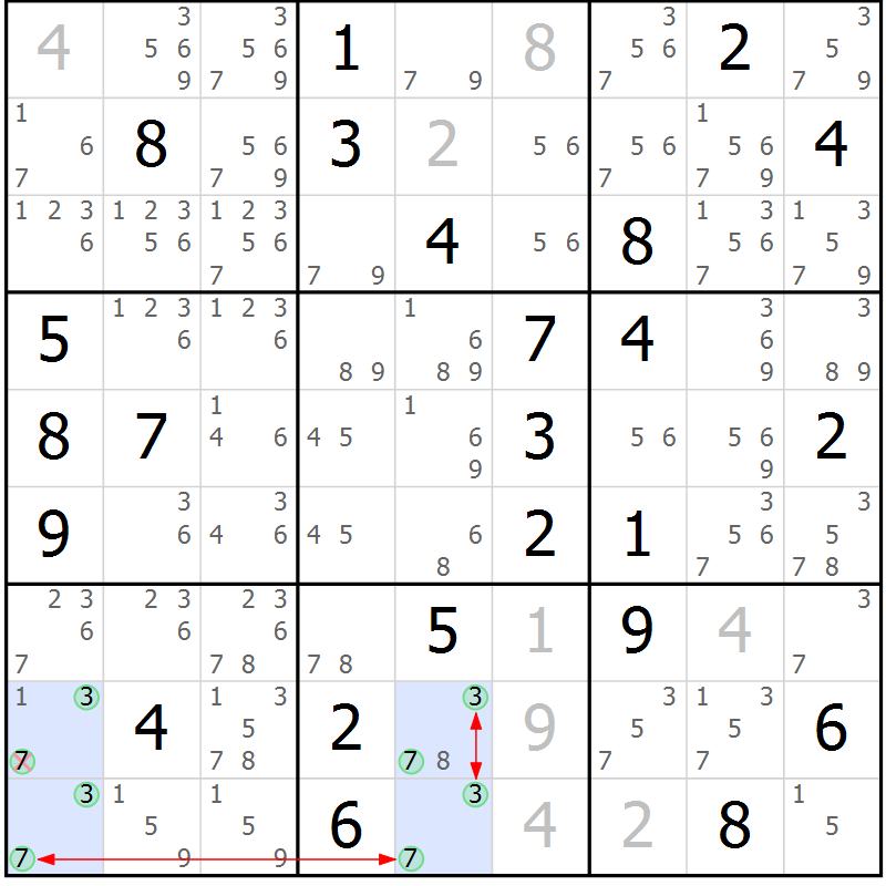 Position des candidats pour la solution de la Gr 43 page 46 du magazine de sudoku Suprême n° 024