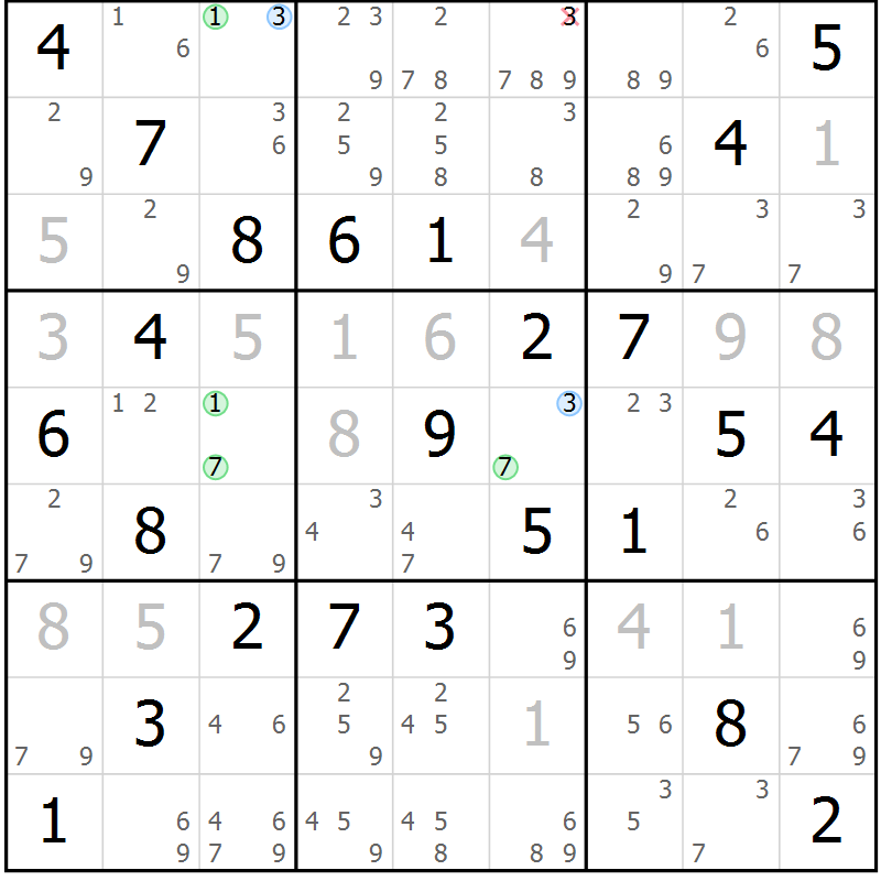 Position des candidats pour la solution de la Gr 47 page 50 du magazine de sudoku Suprême n° 024
