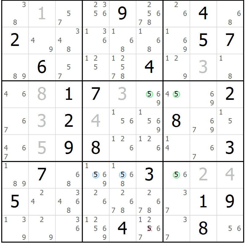 Position des candidats pour la solution de la Gr 5 page 8 du magazine de sudoku Suprême n° 024