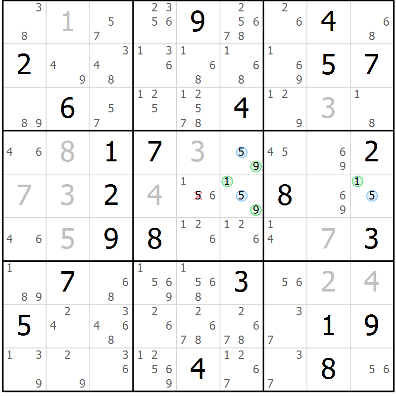 Position des candidats pour la solution de la Gr 5 page 8 du magazine de sudoku Suprême n° 024