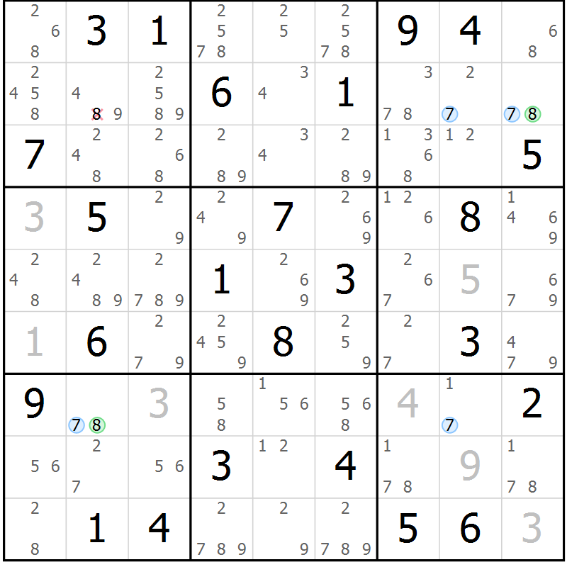 Position des candidats pour la solution de la Gr 51 page 54 du magazine de sudoku Suprême n° 024