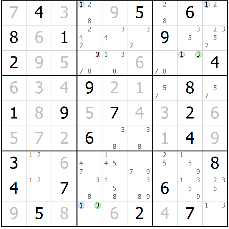 Position des candidats pour la solution de la Gr 52 page 55 du magazine de sudoku Suprême n° 024