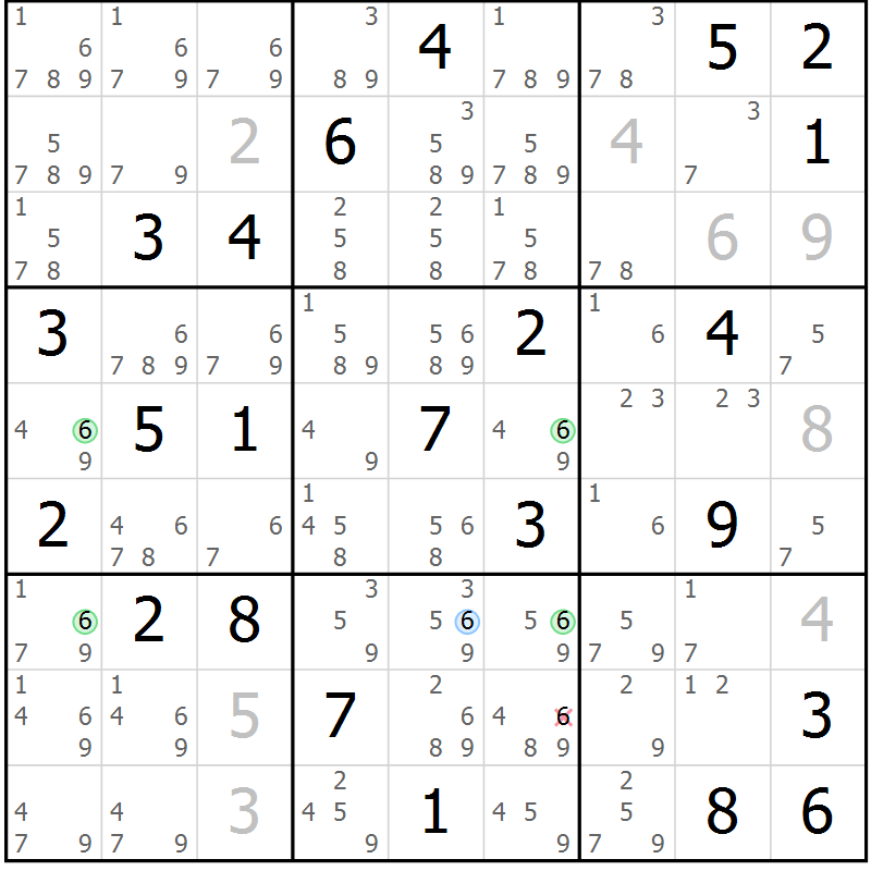Position des candidats pour la solution de la Gr 53 page 56 du magazine de sudoku Suprême n° 024
