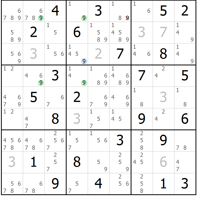 Position des candidats pour la solution de la Gr 54 page 57 du magazine de sudoku Suprême n° 024