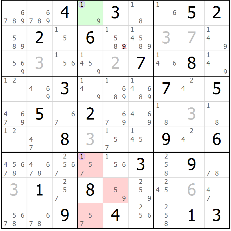 Position des candidats pour la solution de la Gr 54 page 57 du magazine de sudoku Suprême n° 024