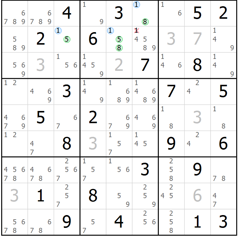 Position des candidats pour la solution de la Gr 54 page 57 du magazine de sudoku Suprême n° 024