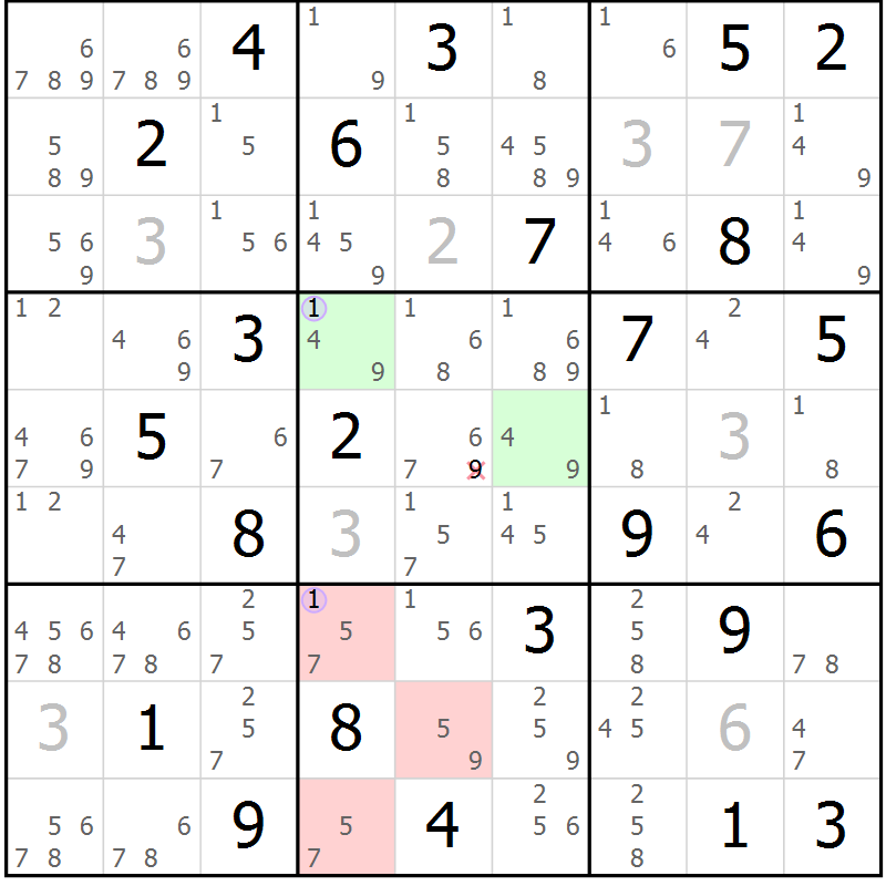 Position des candidats pour la solution de la Gr 54 page 57 du magazine de sudoku Suprême n° 024
