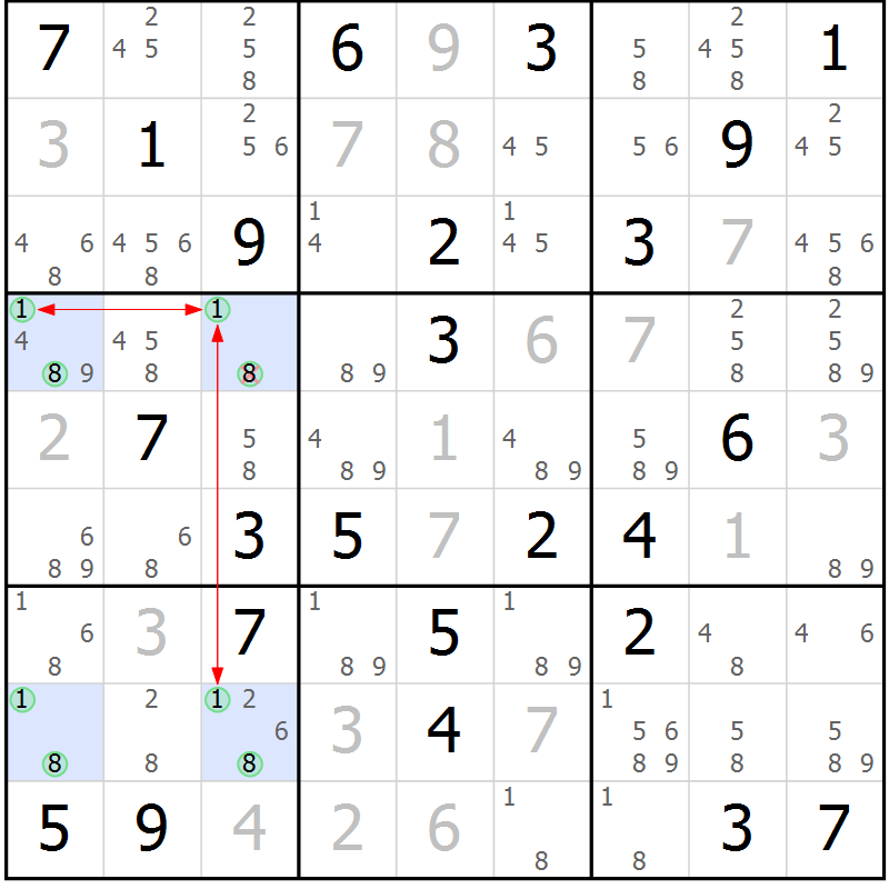 Position des candidats pour la solution de la Gr 57 page 60 du magazine de sudoku Suprême n° 024