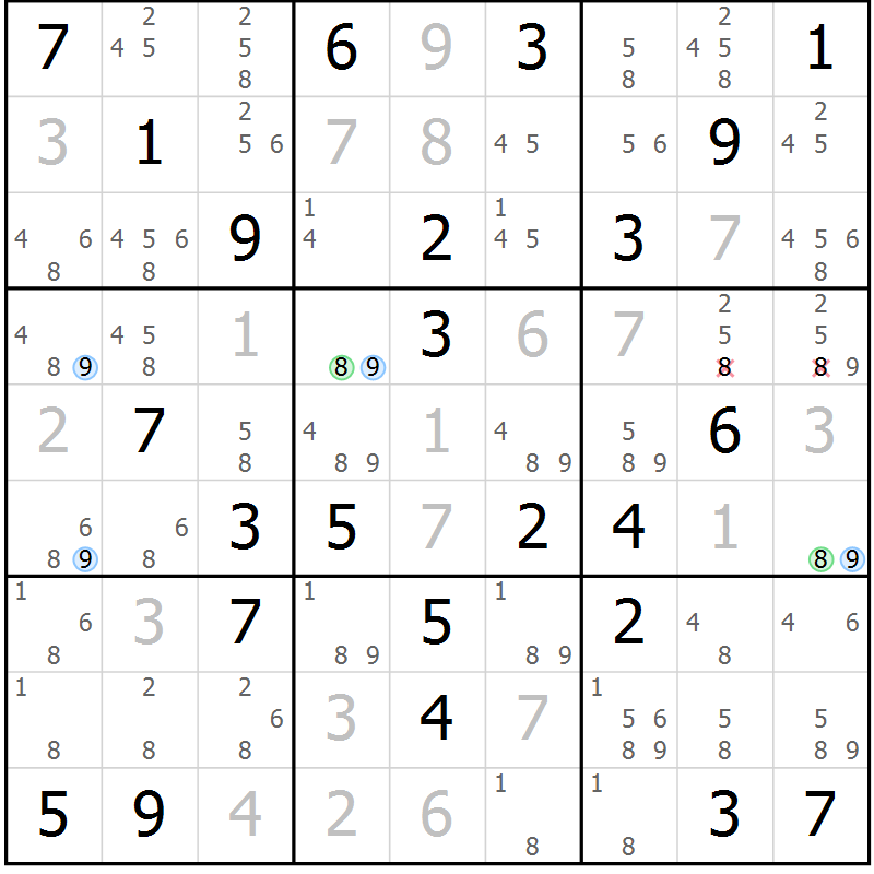 Position des candidats pour la solution de la Gr 57 page 60 du magazine de sudoku Suprême n° 024
