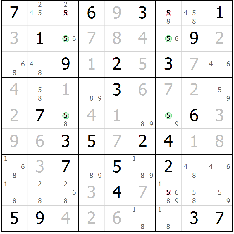 Position des candidats pour la solution de la Gr 57 page 60 du magazine de sudoku Suprême n° 024