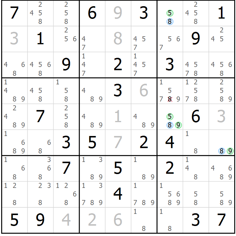 Position des candidats pour la solution de la Gr 57 page 60 du magazine de sudoku Suprême n° 024