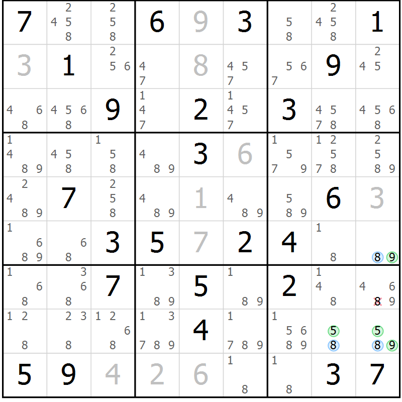 Position des candidats pour la solution de la Gr 57 page 60 du magazine de sudoku Suprême n° 024