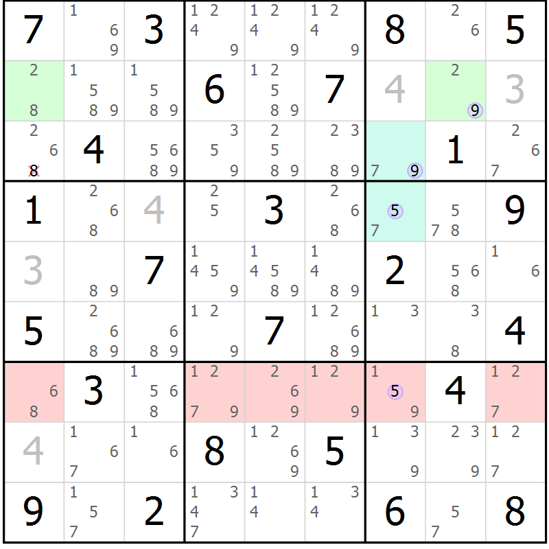 Position des candidats pour la solution de la Gr 58 page 61 du magazine de sudoku Suprême n° 024