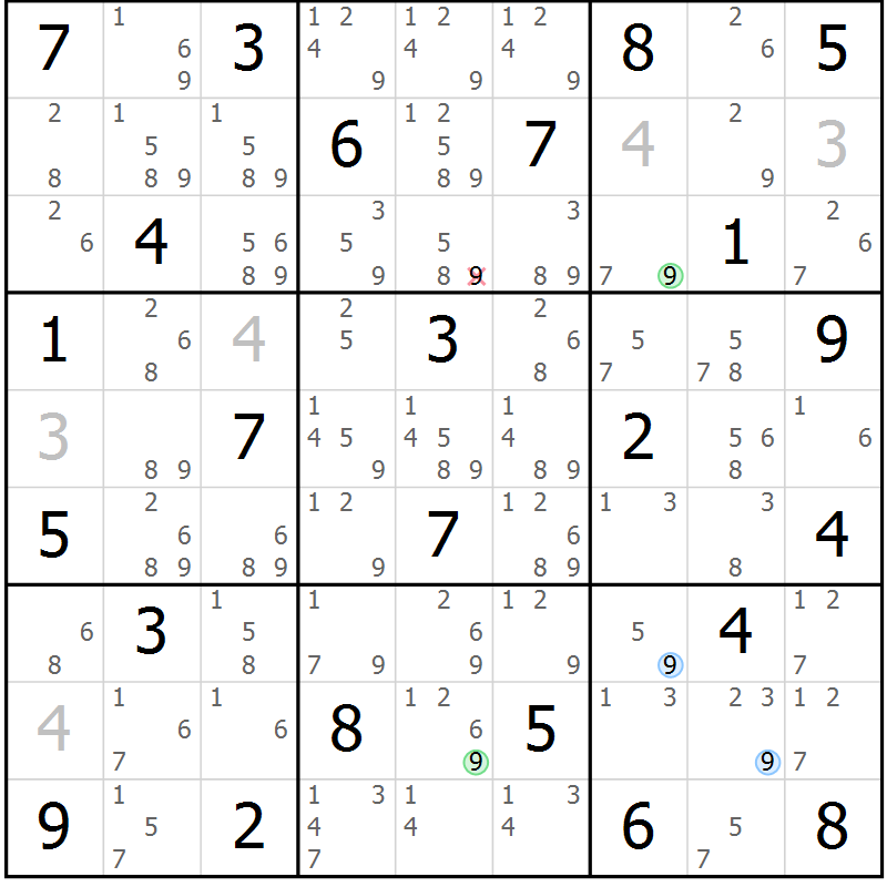 Position des candidats pour la solution de la Gr 58 page 61 du magazine de sudoku Suprême n° 024