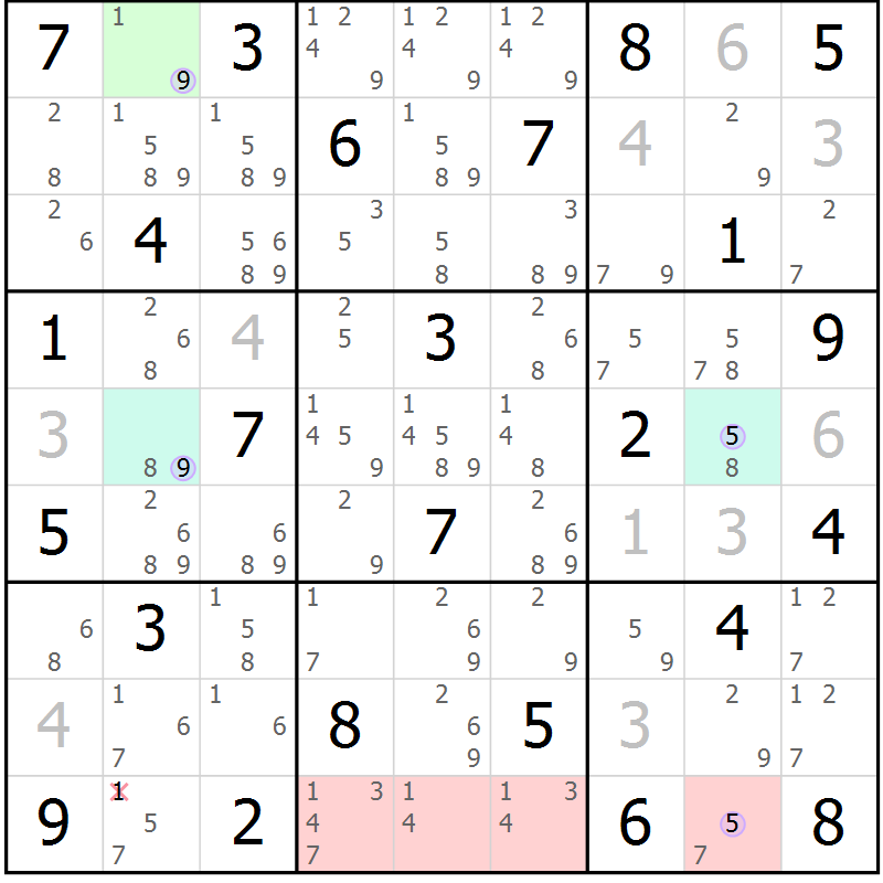Position des candidats pour la solution de la Gr 58 page 61 du magazine de sudoku Suprême n° 024