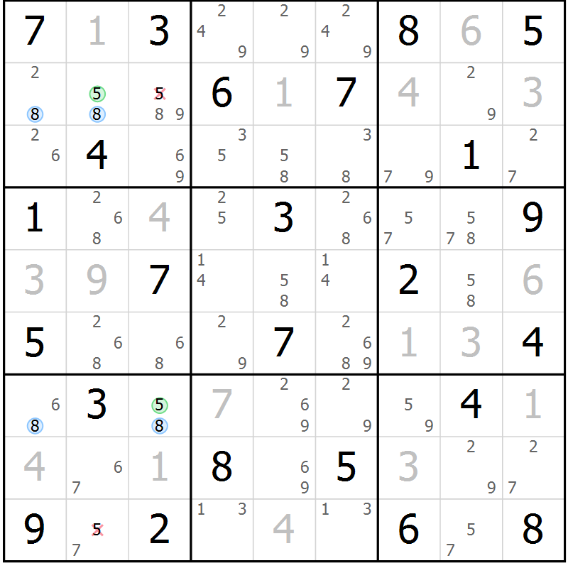 Position des candidats pour la solution de la Gr 58 page 61 du magazine de sudoku Suprême n° 024