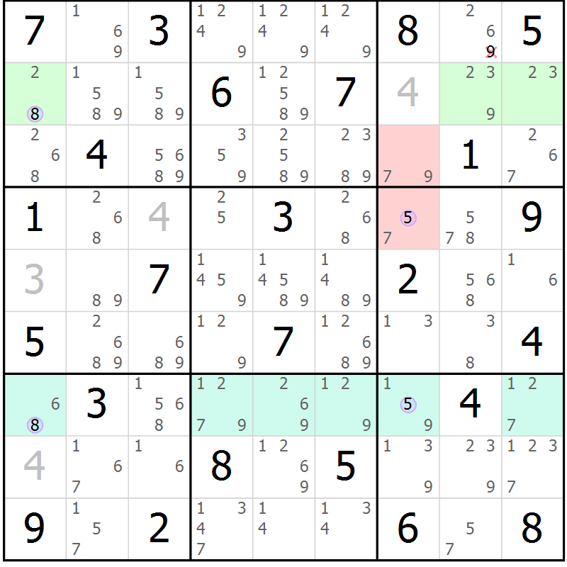 Position des candidats pour la solution de la Gr 58 page 61 du magazine de sudoku Suprême n° 024