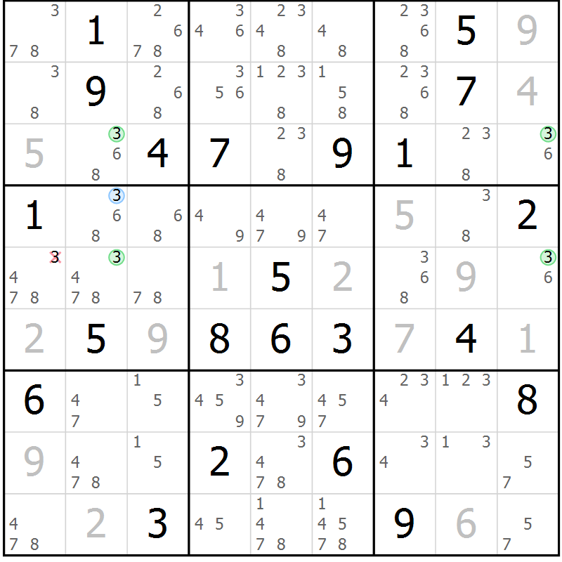Position des candidats pour la solution de la Gr 6 page 9 du magazine de sudoku Suprême n° 024