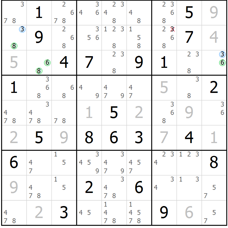 Position des candidats pour la solution de la Gr 6 page 9 du magazine de sudoku Suprême n° 024