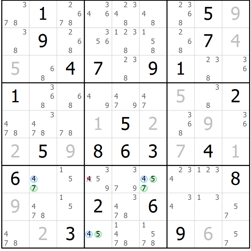 Position des candidats pour la solution de la Gr 6 page 9 du magazine de sudoku Suprême n° 024