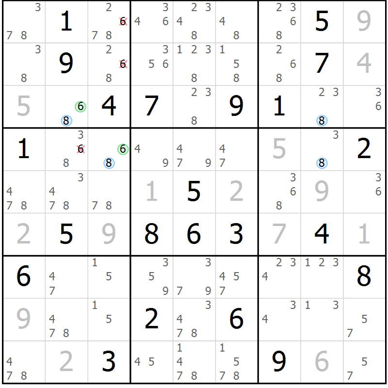 Position des candidats pour la solution de la Gr 6 page 9 du magazine de sudoku Suprême n° 024