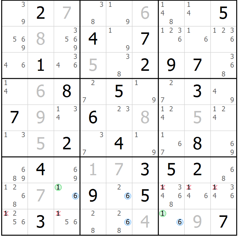 Position des candidats pour la solution de la Gr 60 page 63 du magazine de sudoku Suprême n° 024