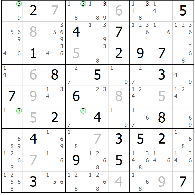 Position des candidats pour la solution de la Gr 60 page 63 du magazine de sudoku Suprême n° 024