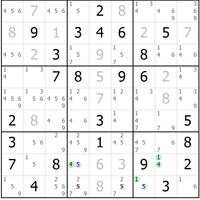 Position des candidats pour la solution de la Gr 63 page 66 du magazine de sudoku Suprême n° 024
