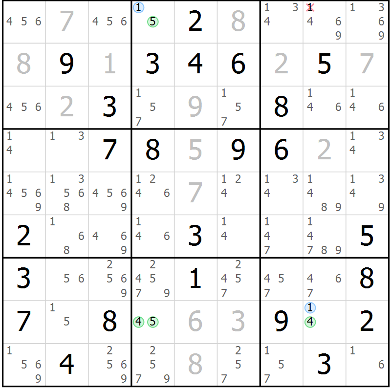 Position des candidats pour la solution de la Gr 63 page 66 du magazine de sudoku Suprême n° 024