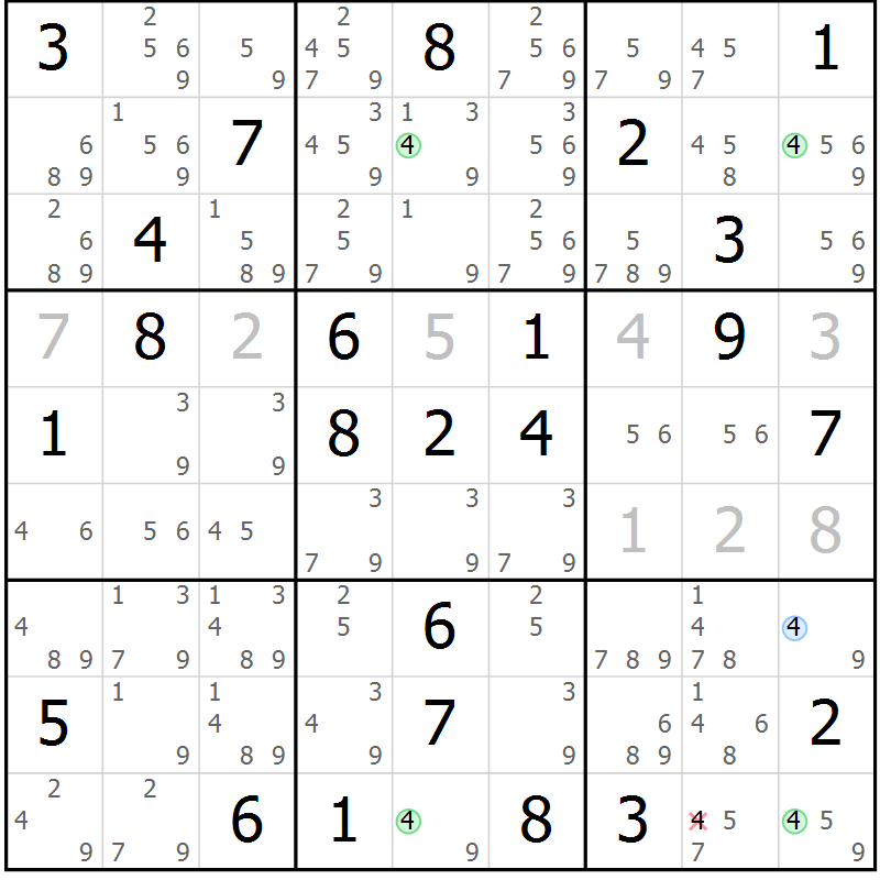 Position des candidats pour la solution de la Gr 65 page 68 du magazine de sudoku Suprême n° 024