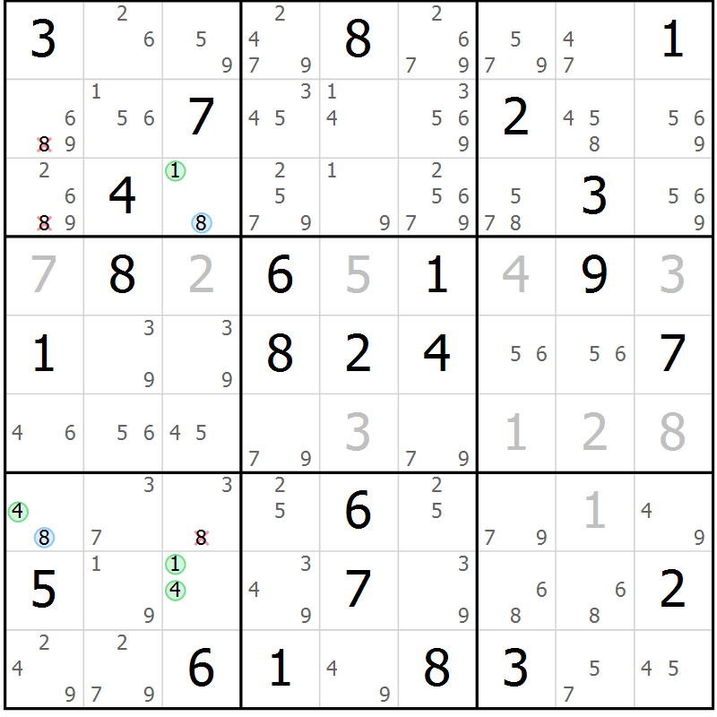Position des candidats pour la solution de la Gr 65 page 68 du magazine de sudoku Suprême n° 024