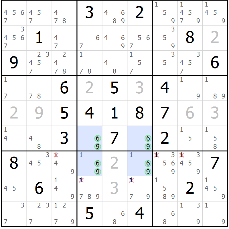 Position des candidats pour la solution de la Gr 69 page 72 du magazine de sudoku Suprême n° 024